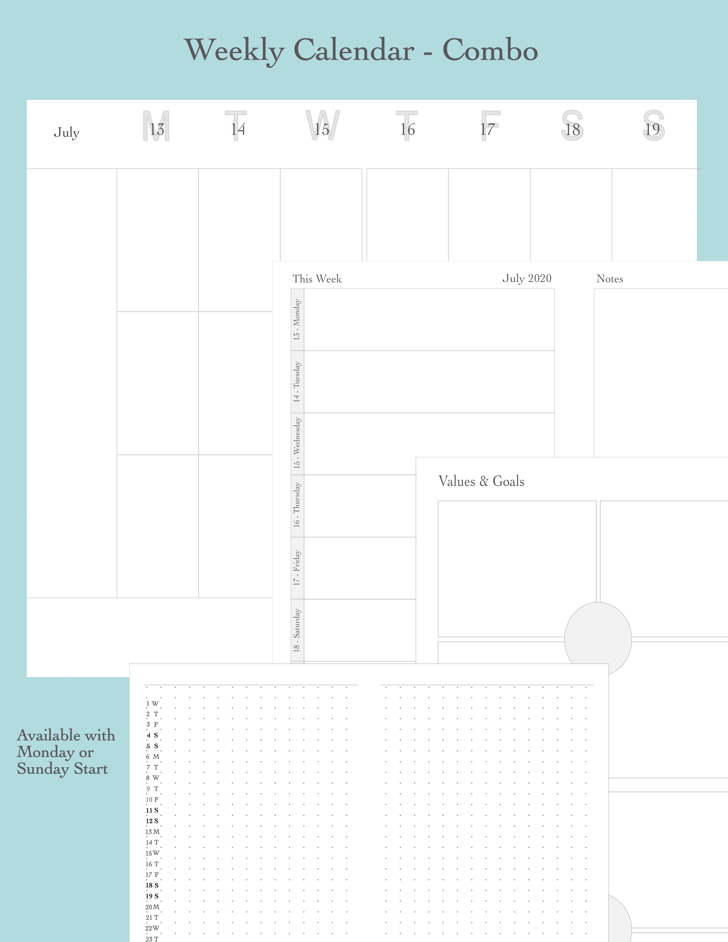 Weekly Calendar Printable Combo Grace Notes Designs